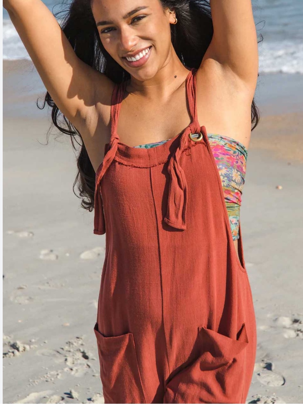 Natural Life Rust Orange Tie Strap Casual Linen Blend Slouchy Crop Jumpsuit XL